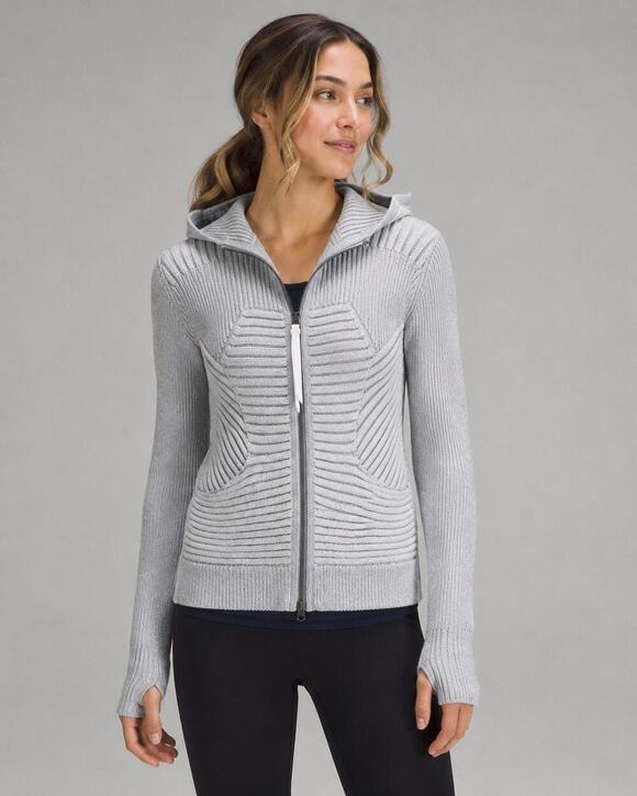 Lululemon Athletica Sweaters - Lululemon Athletica Knit Hooded Zip Sweater Size 2 Gray Cotton Ribbed Cardigan